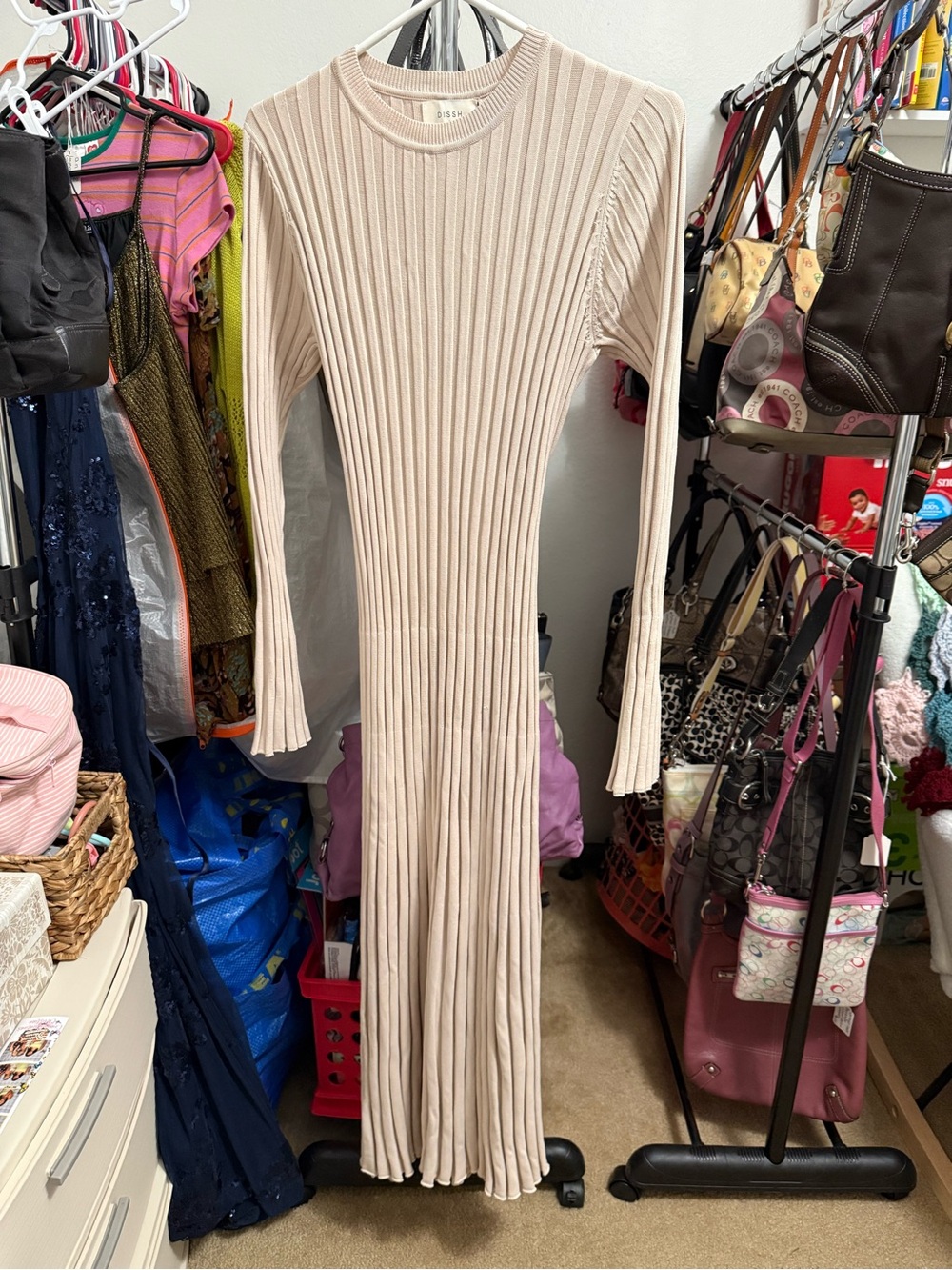 NWT DISSH Ada Stone Ribbed Knit Long Sleeve Midi Dress